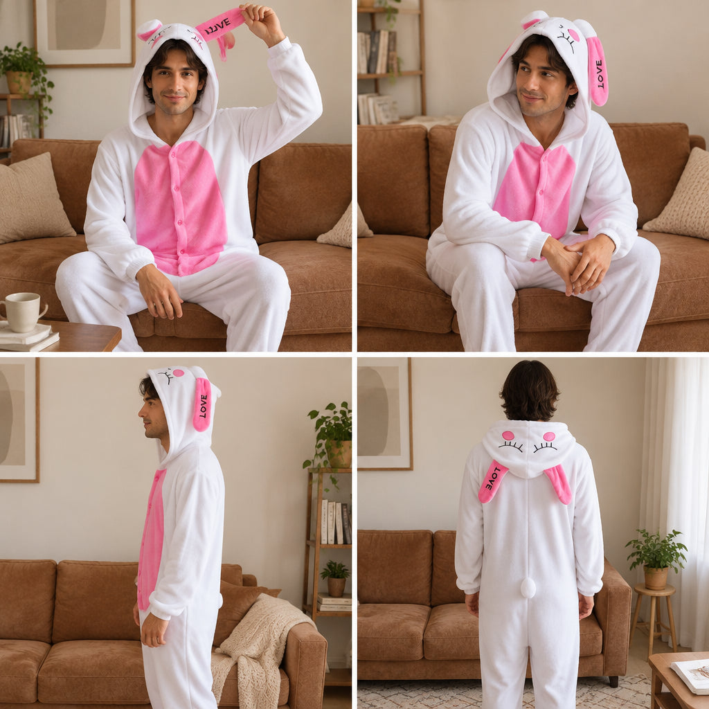 Quatre vues du Pyjama une pièce lapin à cœurs adulte porté