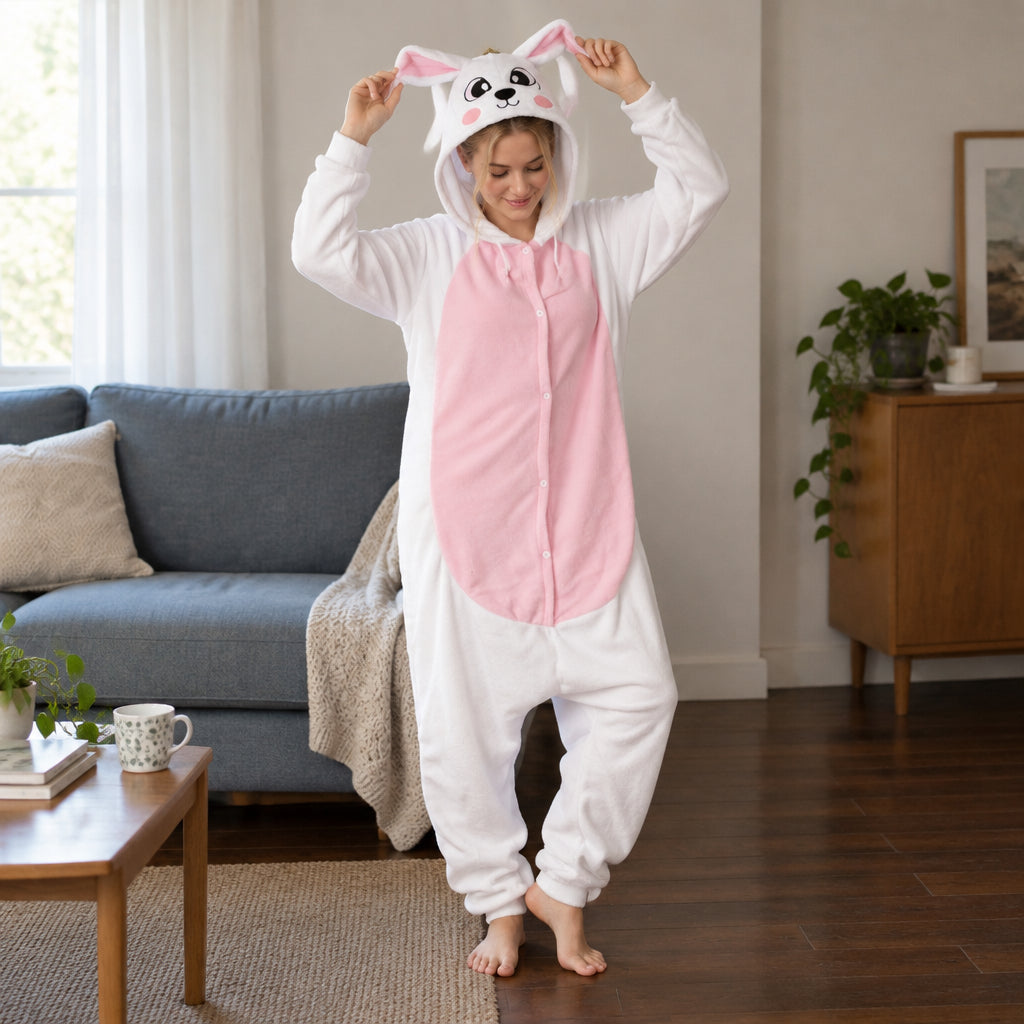 Kigurumi lapin rose à ventre clair adulte porté de face dans un intérieur chaleureux