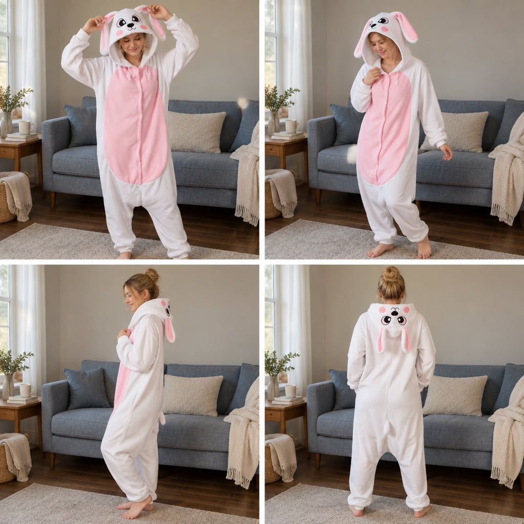 Quatre vues du Kigurumi lapin rose à ventre clair adulte porté