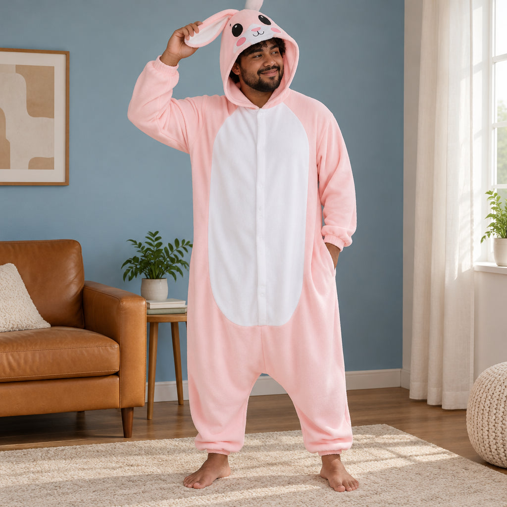 Combinaison pyjama lapin rose adulte en polaire porté de face dans un intérieur chaleureux