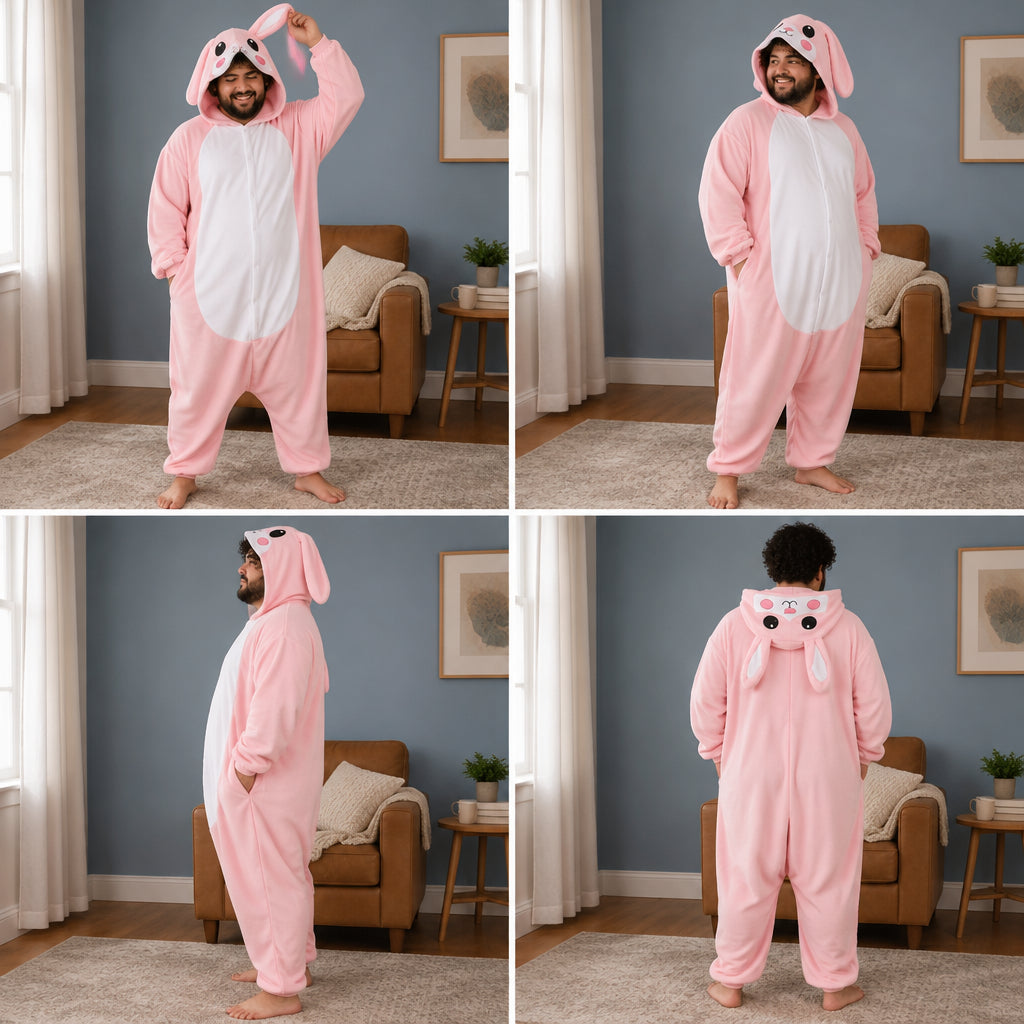 Quatre vues du Combinaison pyjama lapin rose adulte en polaire porté