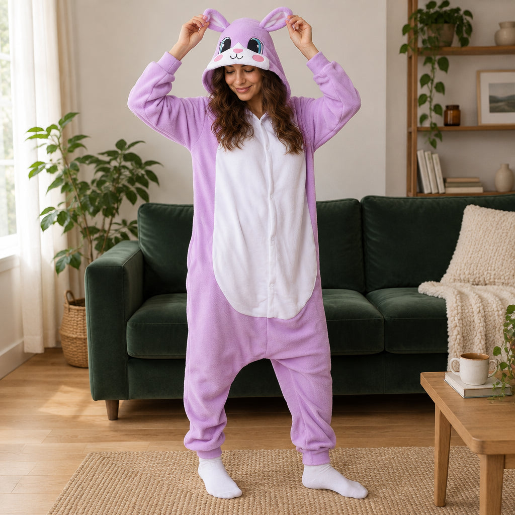 Kigurumi lapin violet adulte porté de face dans un intérieur chaleureux