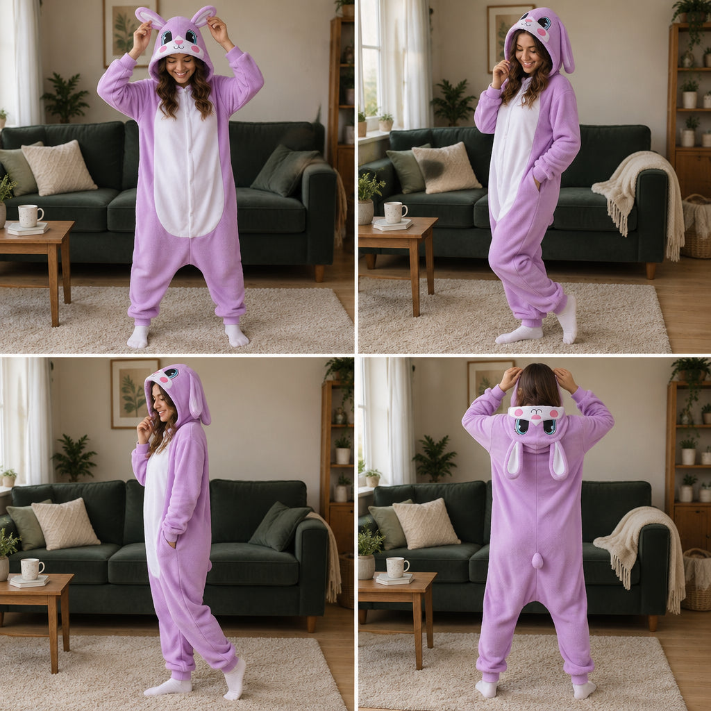 Quatre vues du Kigurumi lapin violet adulte porté