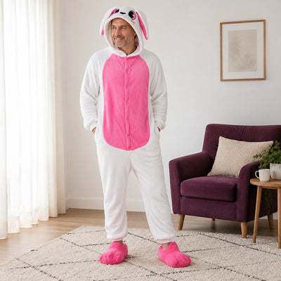 Pyjama une pièce lapin rose tendre adulte porté de face dans un intérieur chaleureux