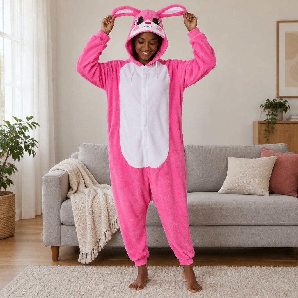 Kigurumi lapin rouge rosé adulte en polaire porté de face dans un intérieur chaleureux