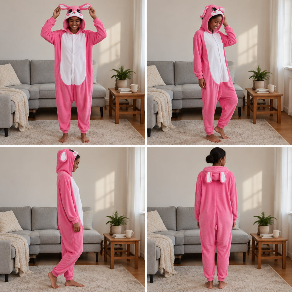 Quatre vues du Kigurumi lapin rouge rosé adulte en polaire porté