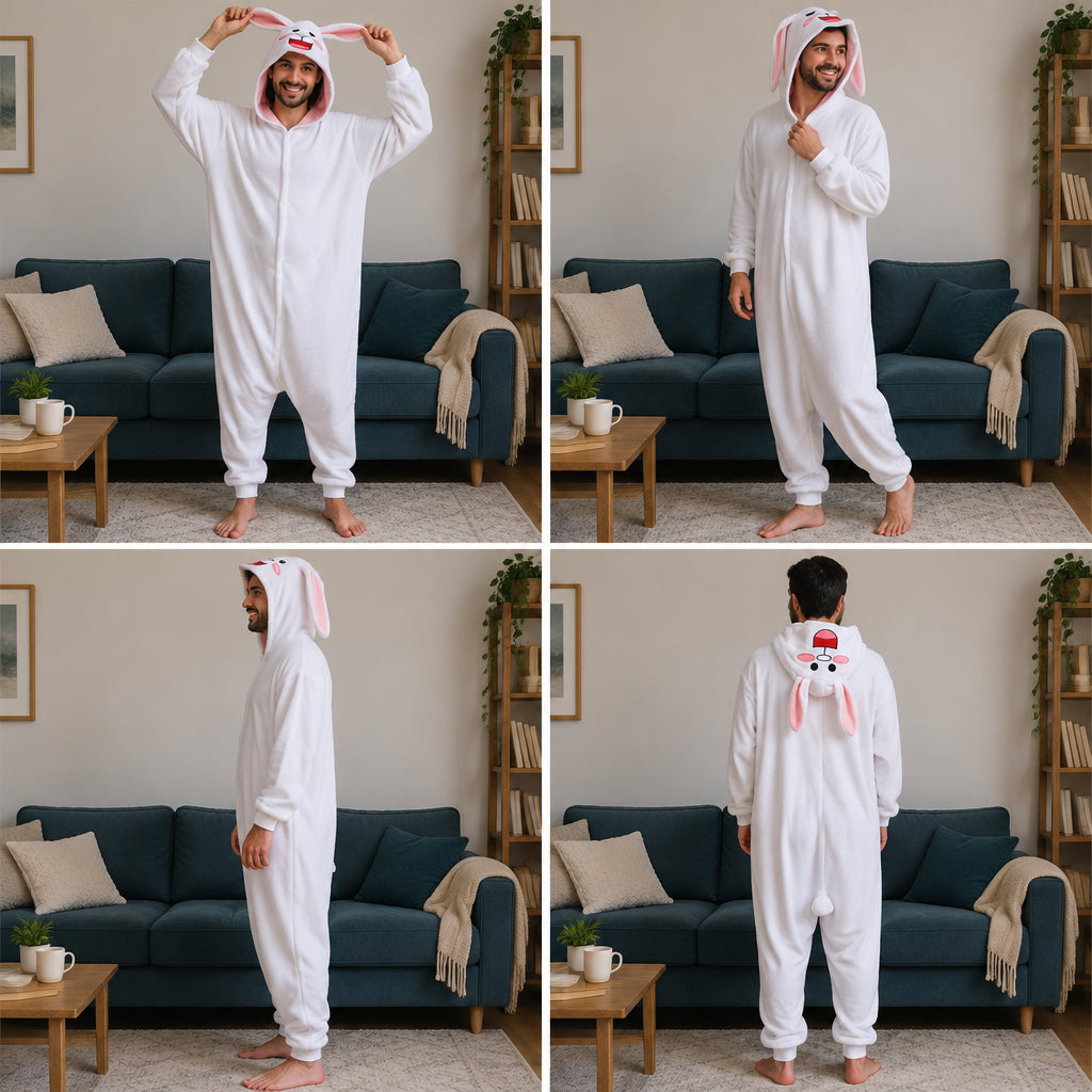 Quatre vues du Combinaison pyjama lapin blanc adulte porté
