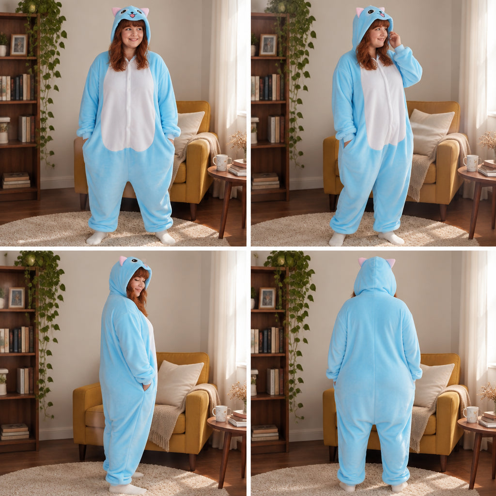 Quatre vues du Kigurumi chat bleu adulte en flanelle porté
