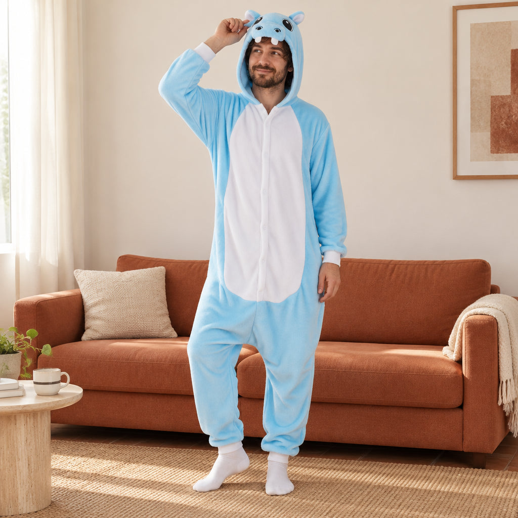 Combinaison pyjama hippopotame bleu adulte en flanelle porté de face dans un intérieur chaleureux