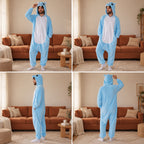 Quatre vues du Combinaison pyjama hippopotame bleu adulte en flanelle porté