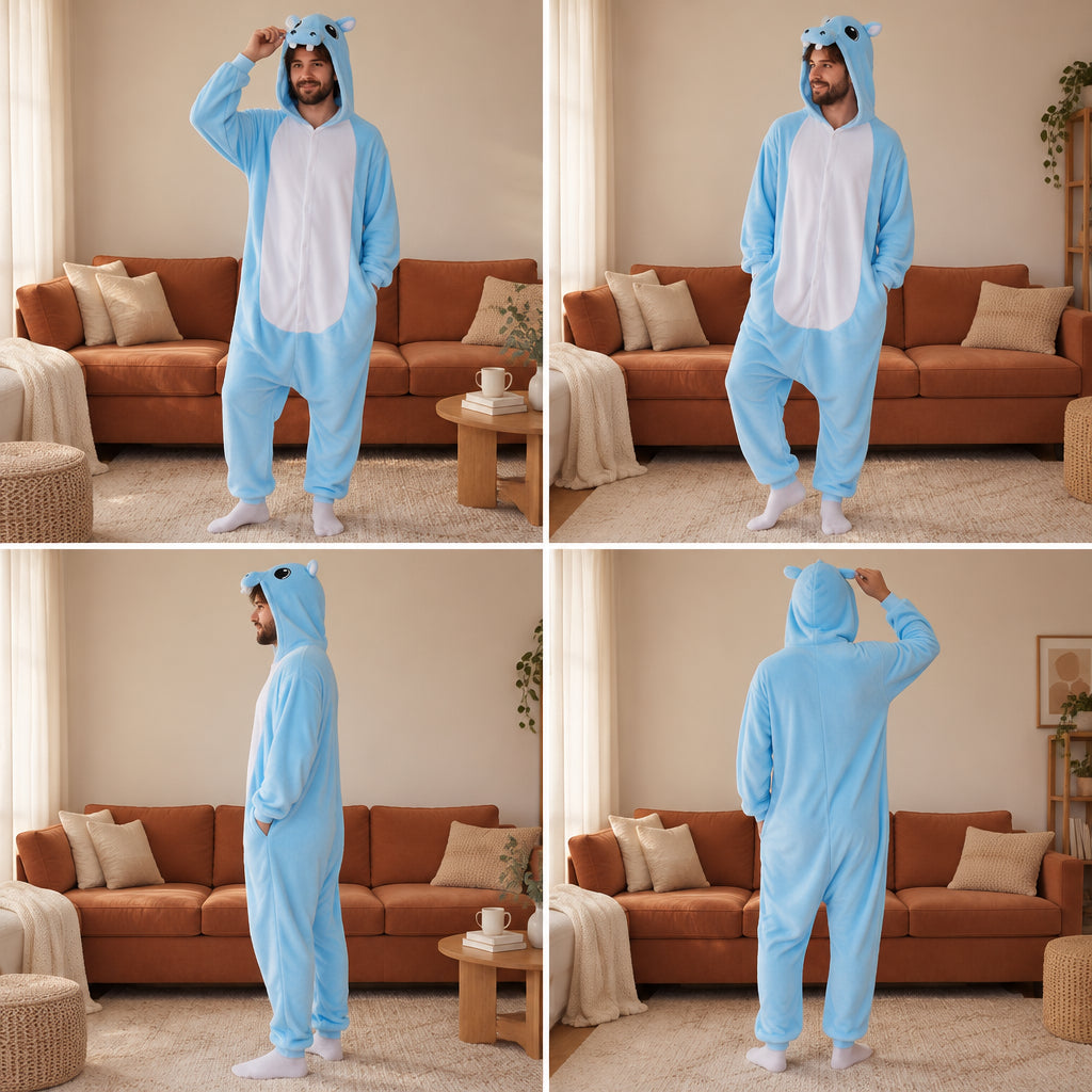 Quatre vues du Combinaison pyjama hippopotame bleu adulte en flanelle porté