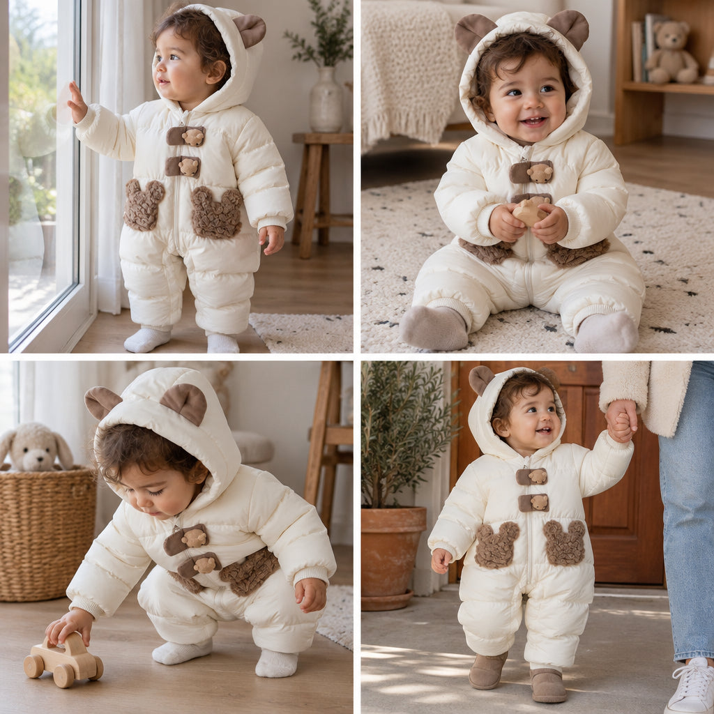 Combinaison bébé chaude à capuche — quatre scènes du quotidien