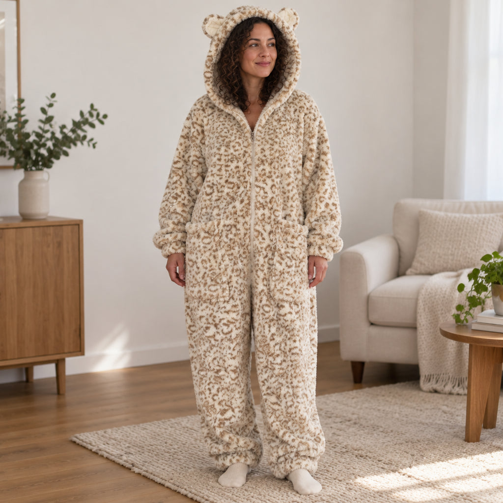 Combinaison pyjama femme imprimé léopard — vue de face dans un salon