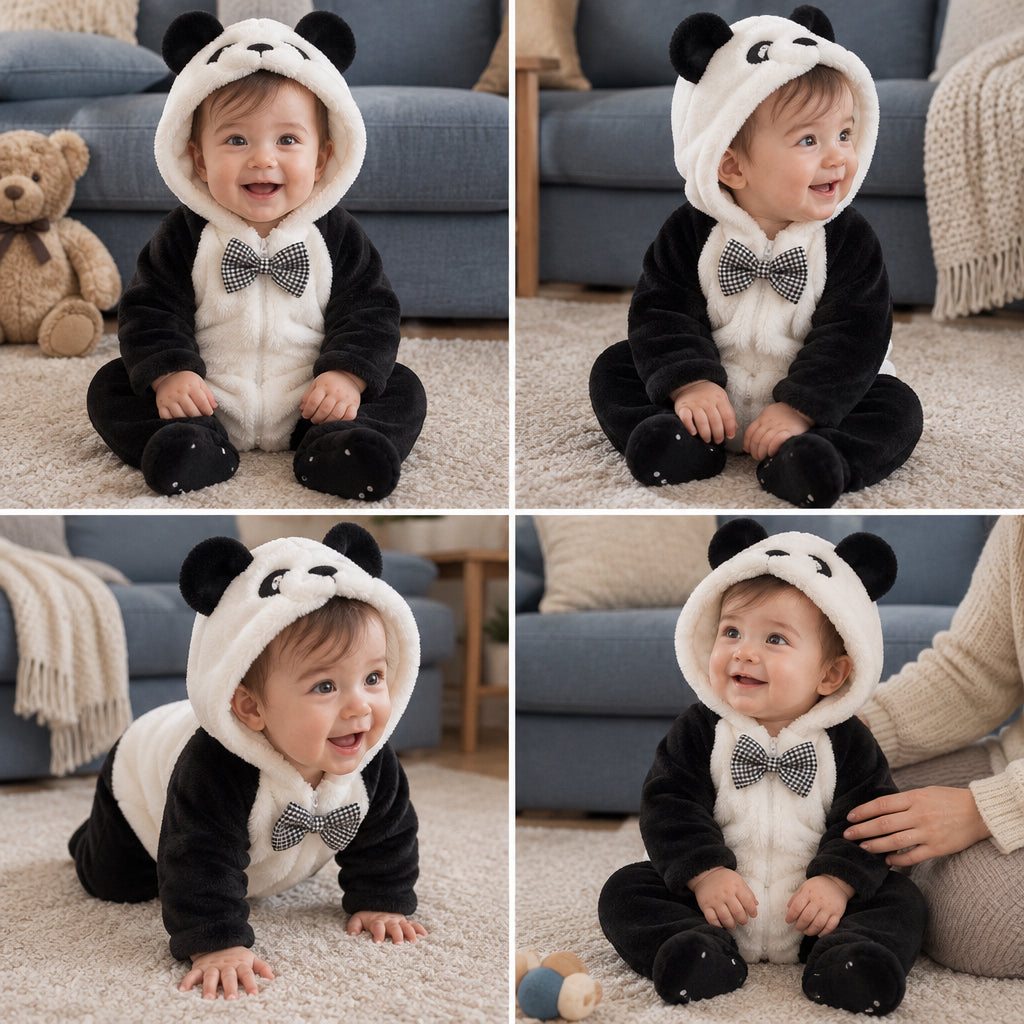 Combinaison bébé panda beige à capuche — quatre poses à la maison