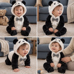 Combinaison bébé panda beige à capuche — quatre poses à la maison