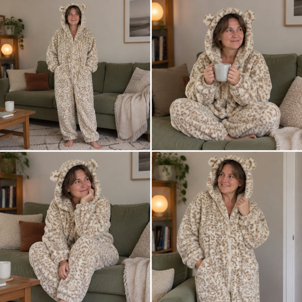 Combinaison pyjama femme imprimé léopard — quatre poses à la maison