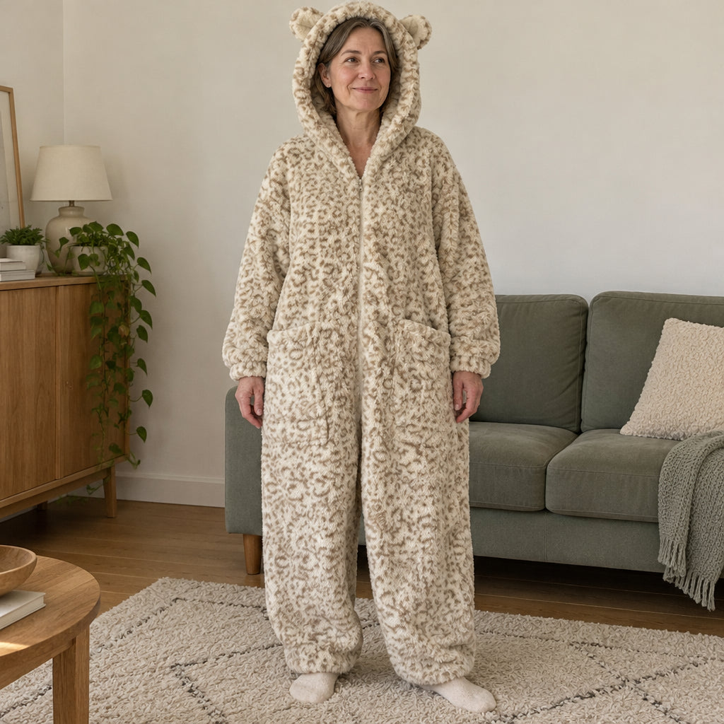 Combinaison pyjama femme imprimé léopard — vue de face portée