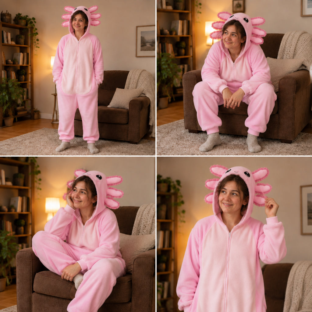 Combinaison pyjama salamandre toute douce — quatre poses à la maison
